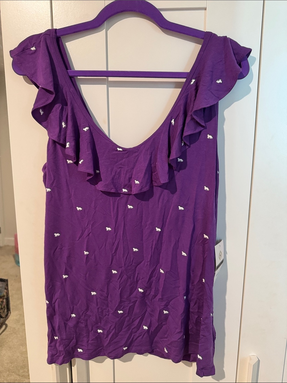 Ruffled Scoop Neck Tank Top in Purple with White Tigers